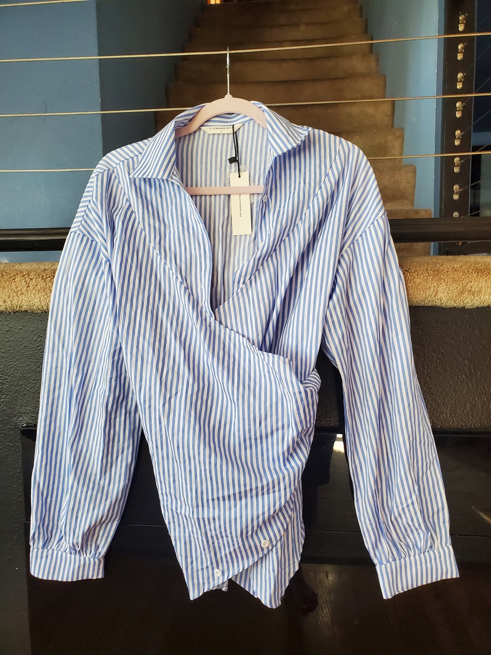 Commense Blue & White Striped Wrap Blouse